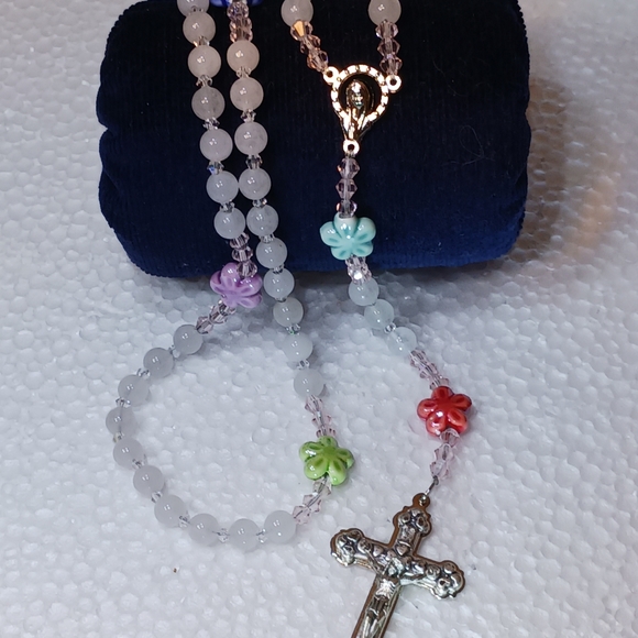 New, Beaded Necklace-Style White Jade Rosary with crystals & ceramic flower bead - Picture 2 of 5